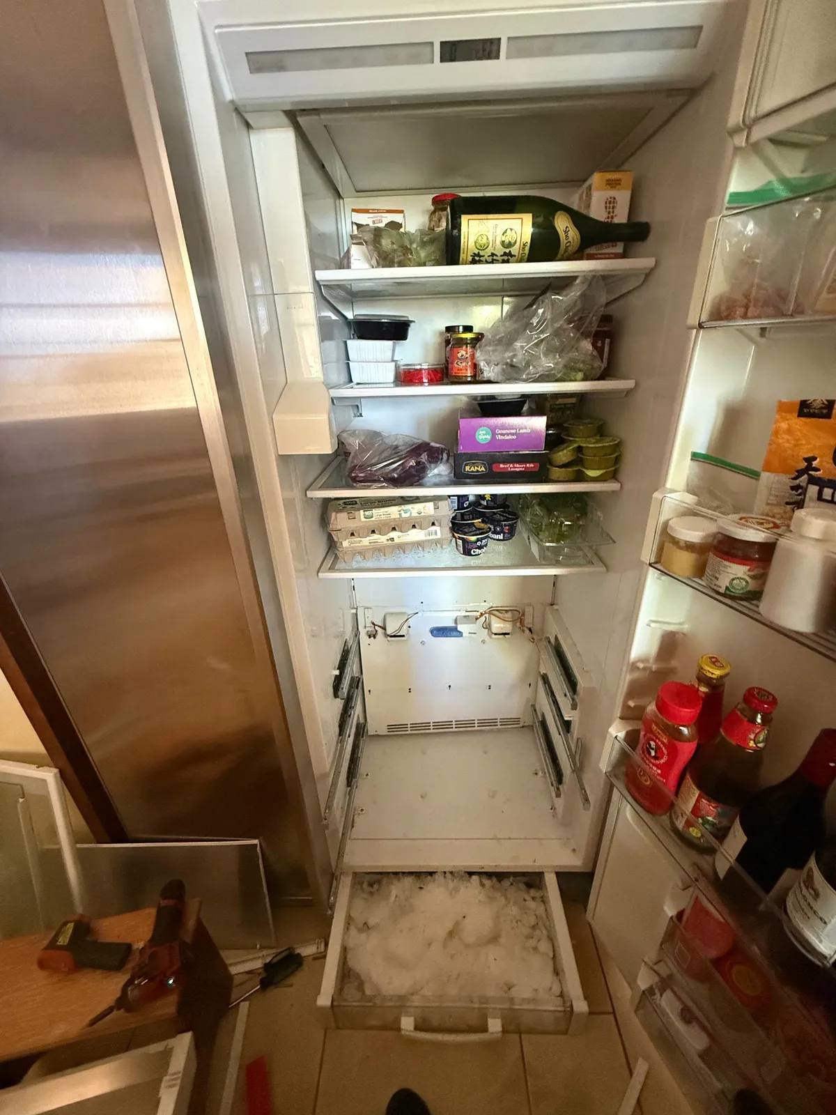 Sub-Zero built-in refrigerator opened in Irvine during an evaporator leak repair